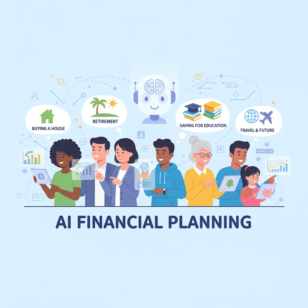 Diverse individuals using AI for financial goal setting