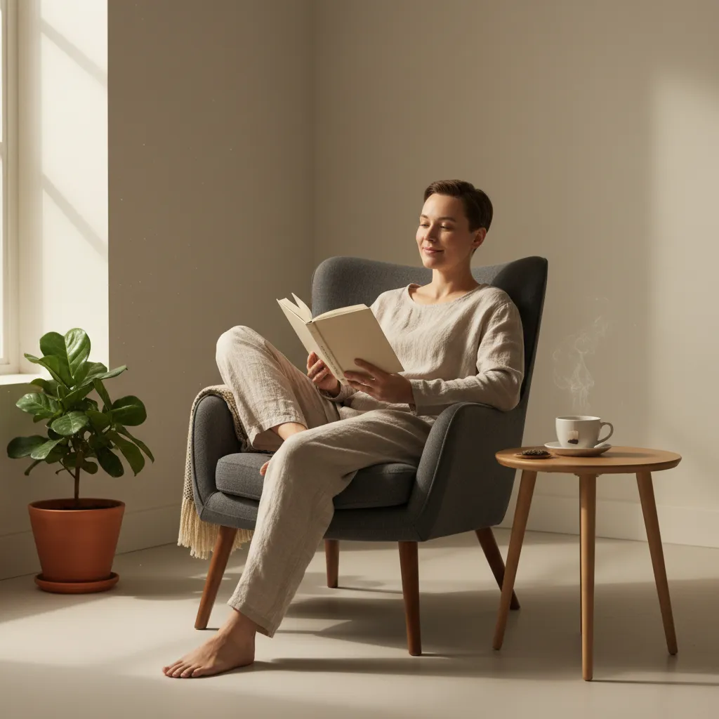 Person relaxing with a book in a minimalist, sunlit room.