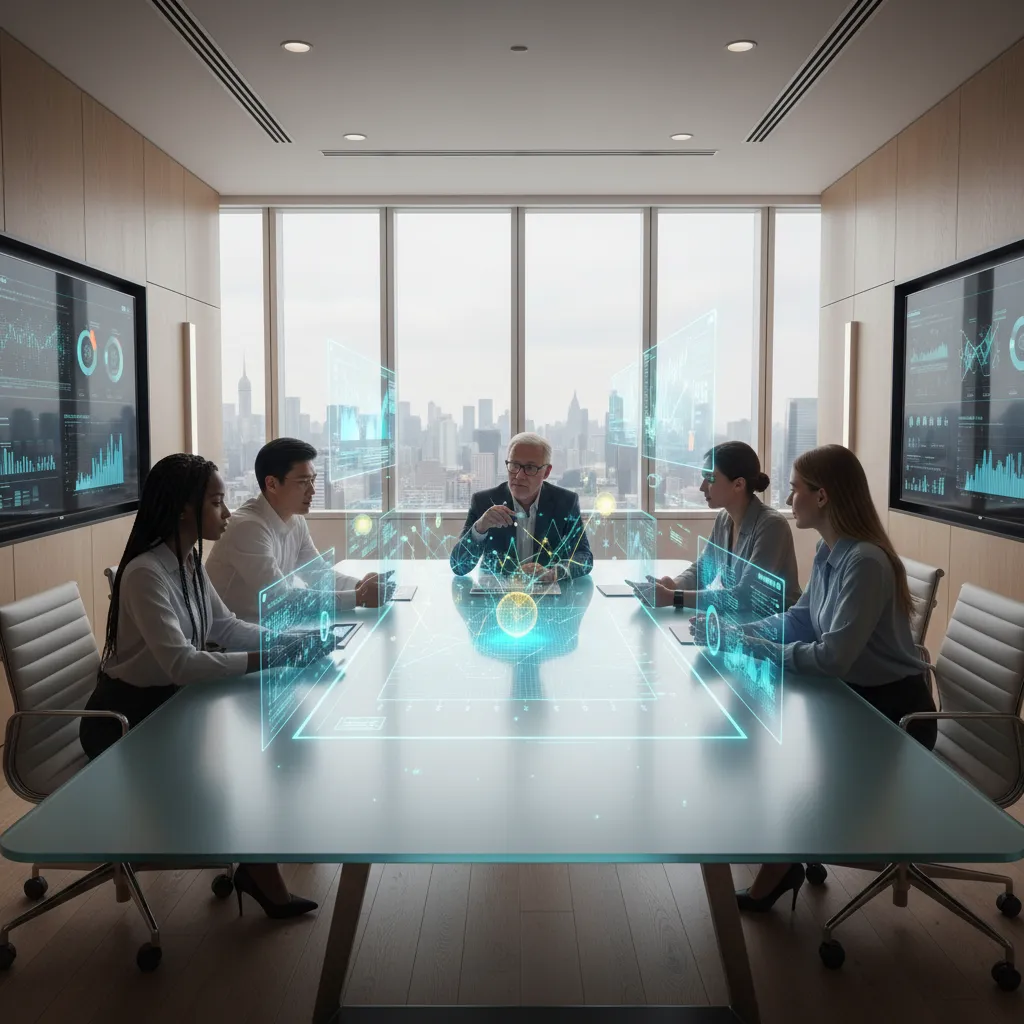 Real estate investors analyzing holographic market data with AI assistance