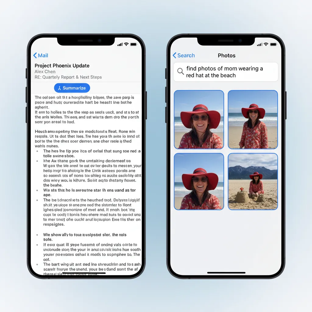 Split-screen view showing the Mail app automatically summarizing a long email and the Photos app using AI to find a specific memory.