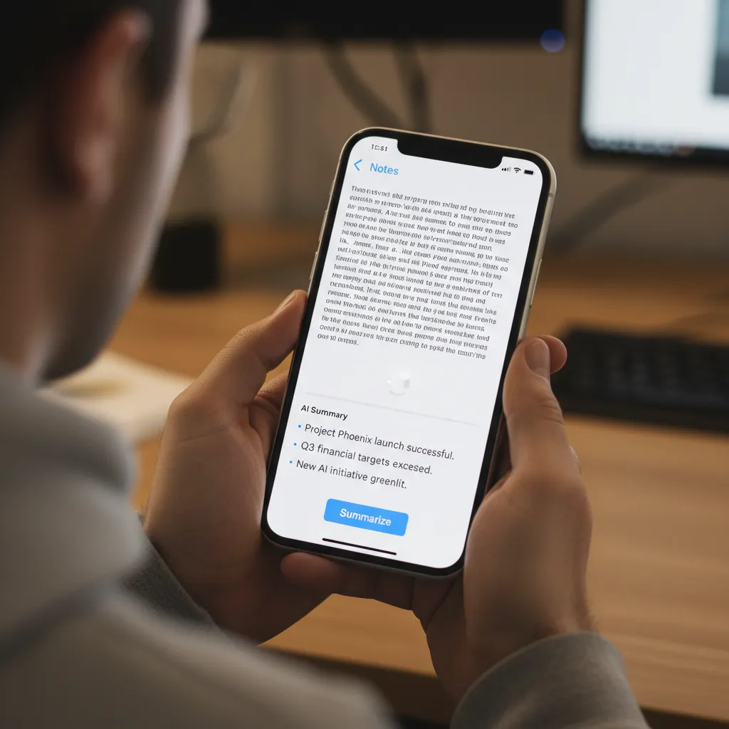 An example of the new AI Writing Tools in action within the Notes app, summarizing a long block of text into key bullet points.