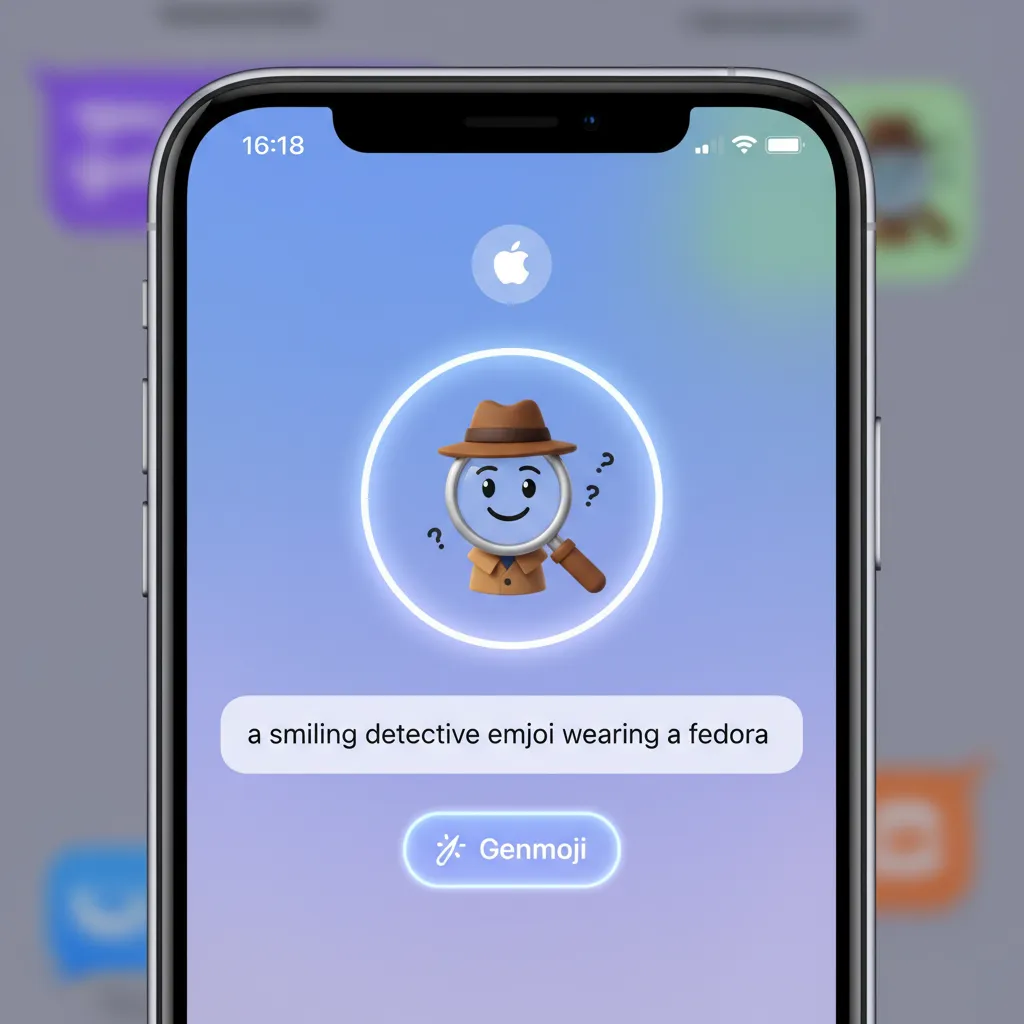 A demonstration of the new Genmoji feature on an iPhone, showing a custom emoji being created from a text prompt.