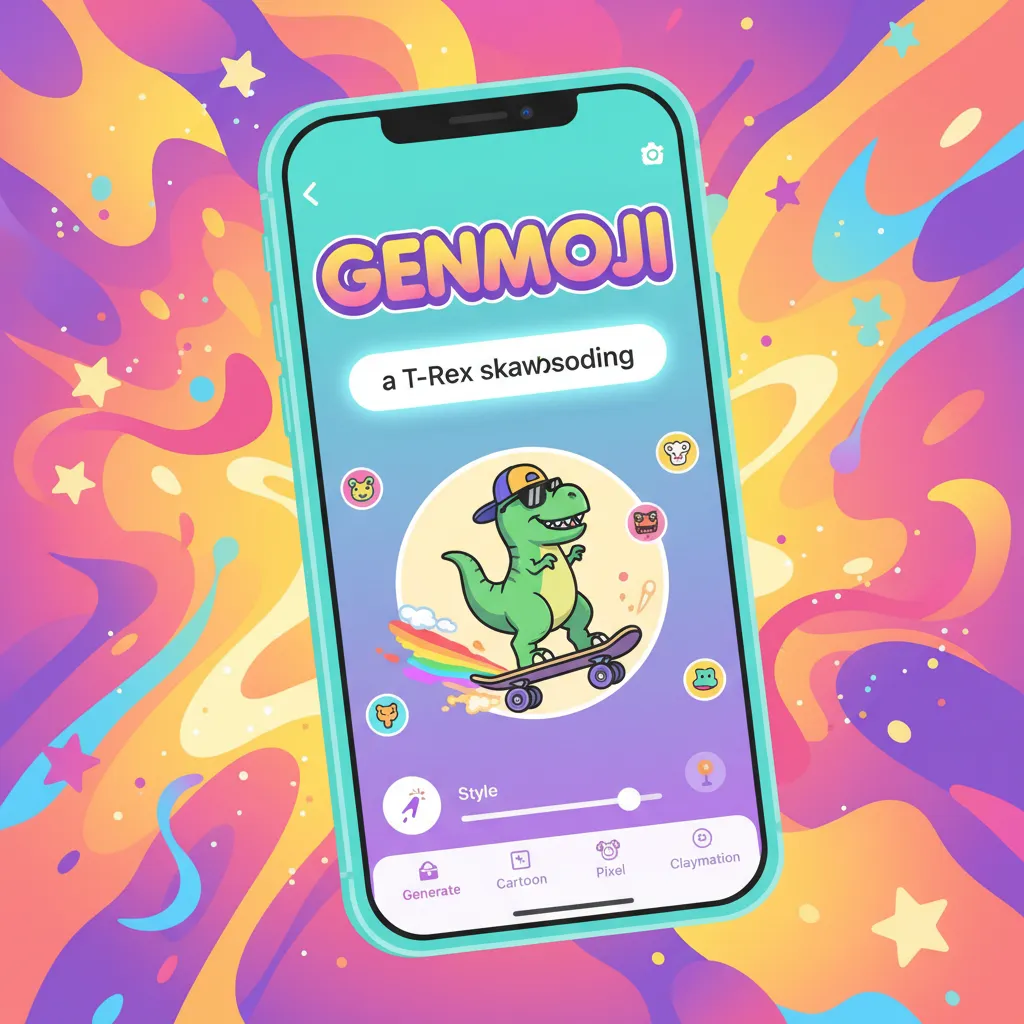 An iPhone showcasing the creation of a unique Genmoji, with a user typing a description to generate the emoji.