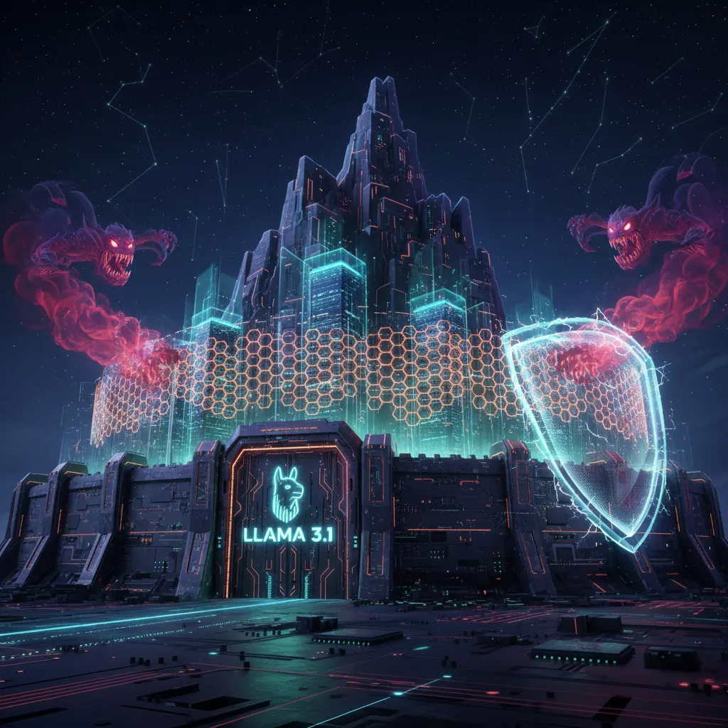 Digital fortress with Llama 3.1 logo symbolizing data security