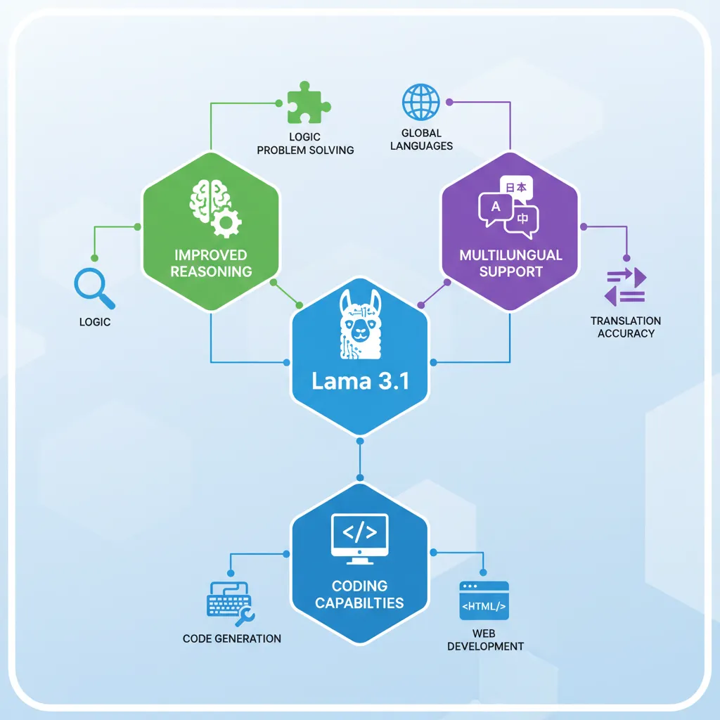 An infographic highlighting the key new features of Llama 3.1, such as its massive context window, vision capabilities, and advanced coding.