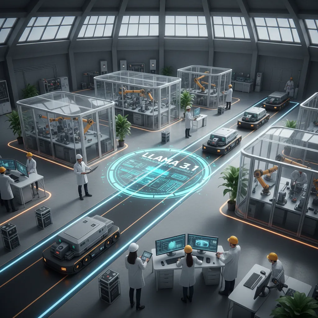 Aerial view of smart factory floor with robots and humans, Llama 3.1 control panel