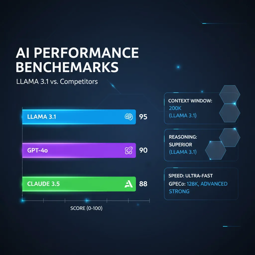 A bar chart comparing the performance benchmarks of Llama 3.1, GPT-4o, and Claude 3.5 Sonnet across various metrics.