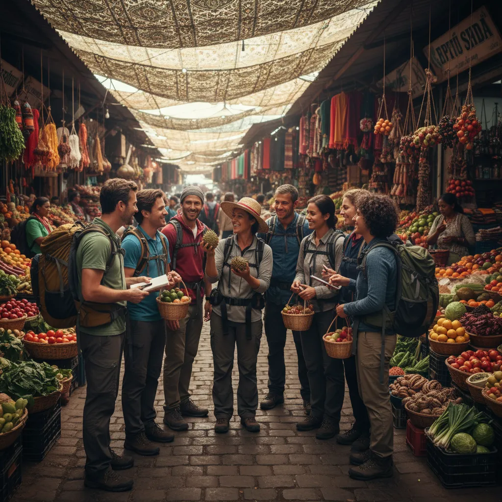 Travelers with local guide in an authentic market