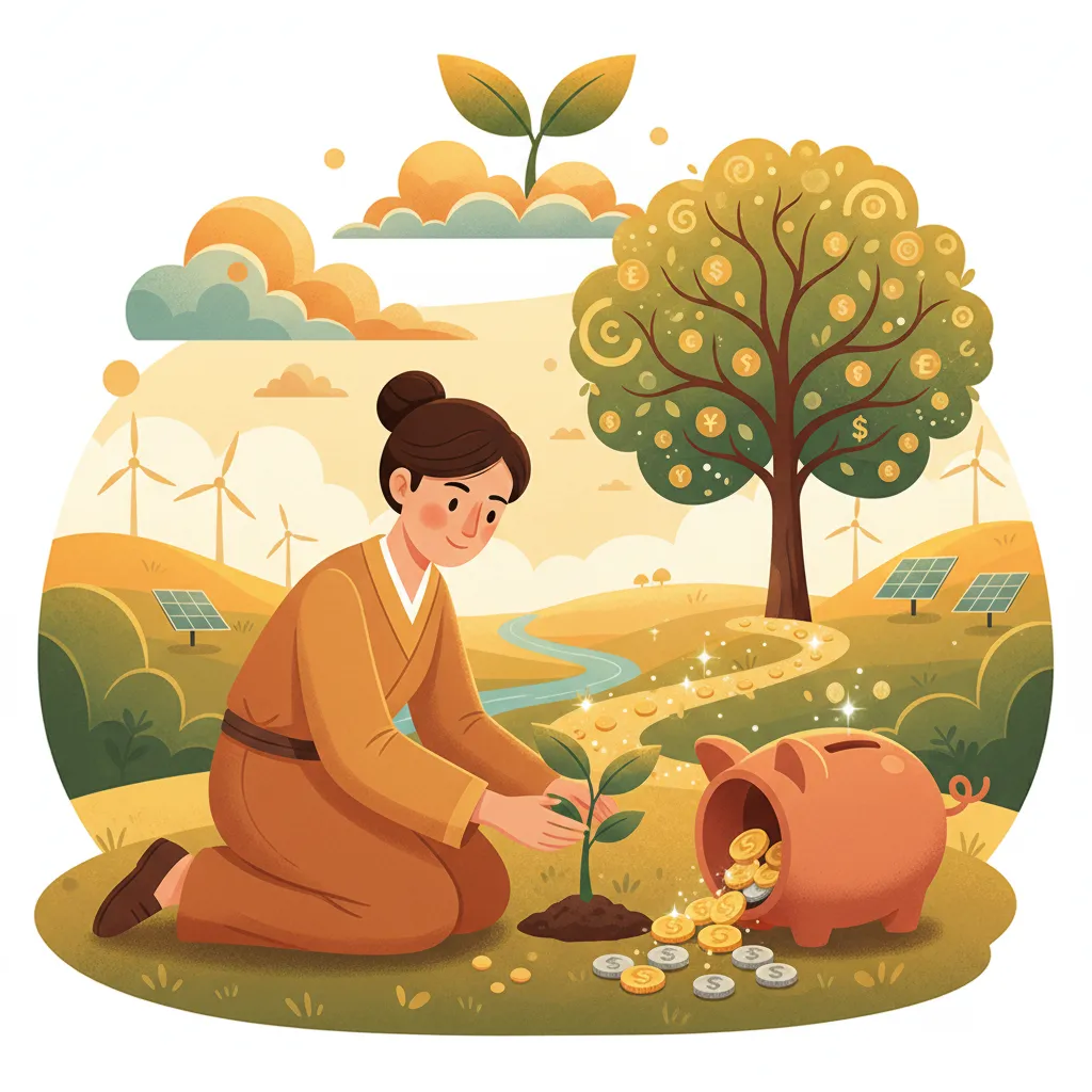 Person planting a sapling next to a piggy bank, symbolizing long-term green investment