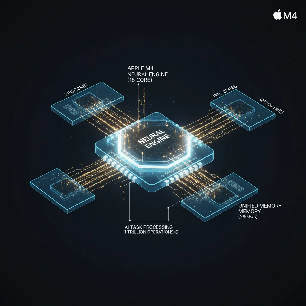 Diagram showing the internal architecture of the Apple M4 chip, highlighting the Neural Engine.