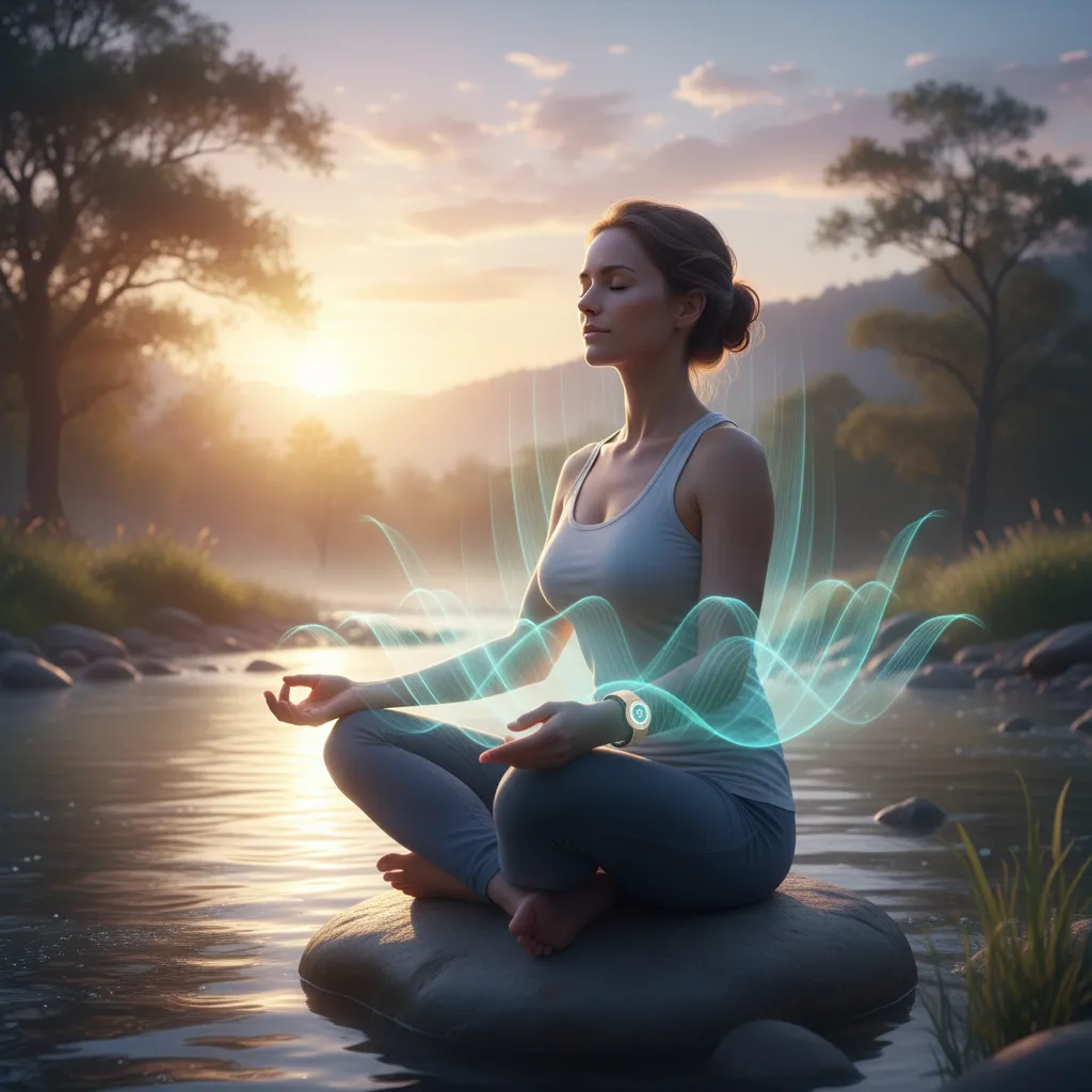 Person meditating with wearable stress monitor, calming visual representation of reduced stress