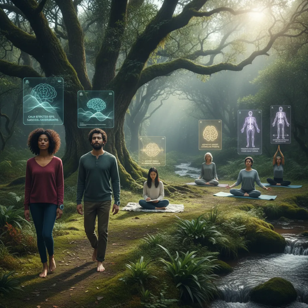 A smartphone displaying an AI-guided meditation app with serene visuals.