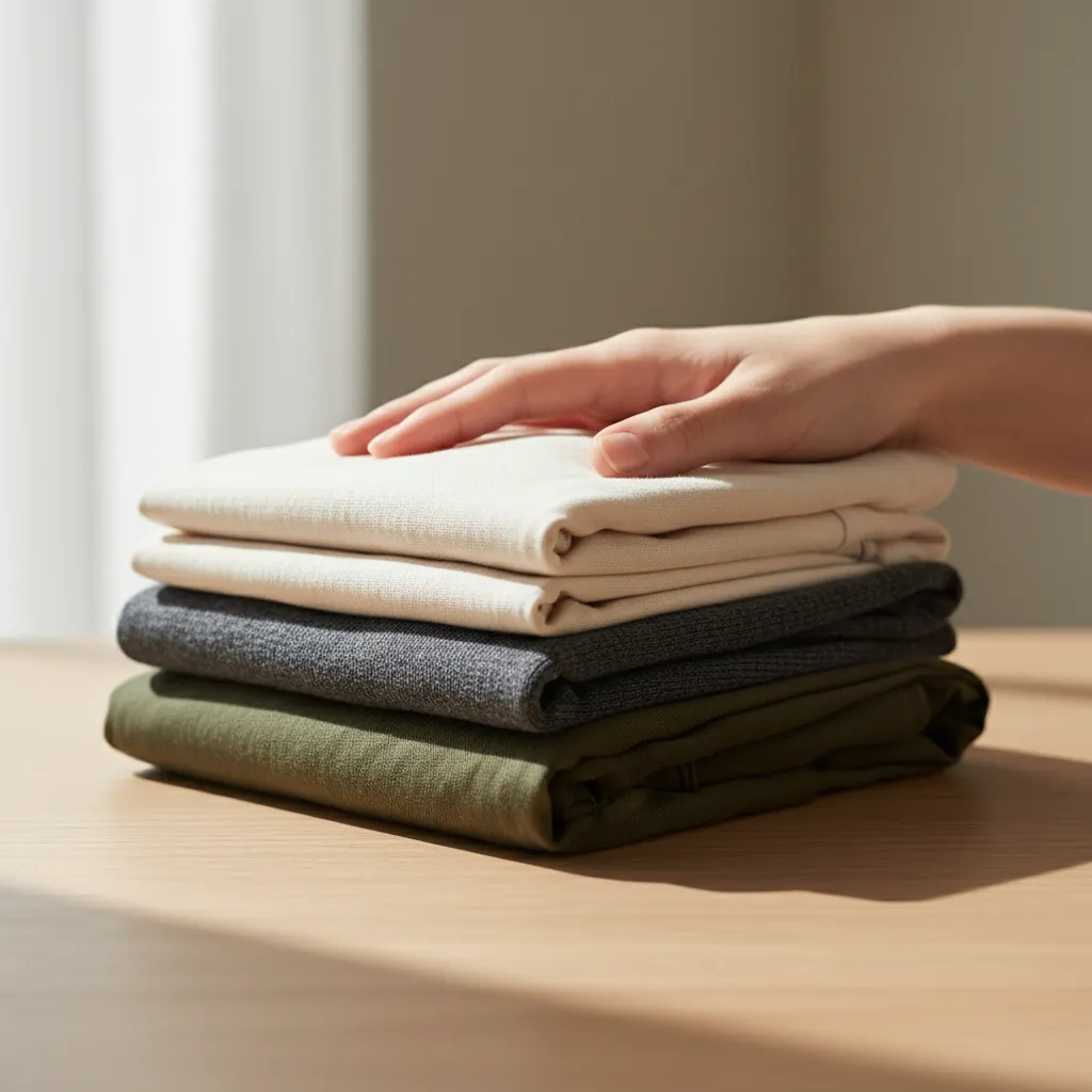 Hand holding neatly folded clothes, representing a minimalist wardrobe.