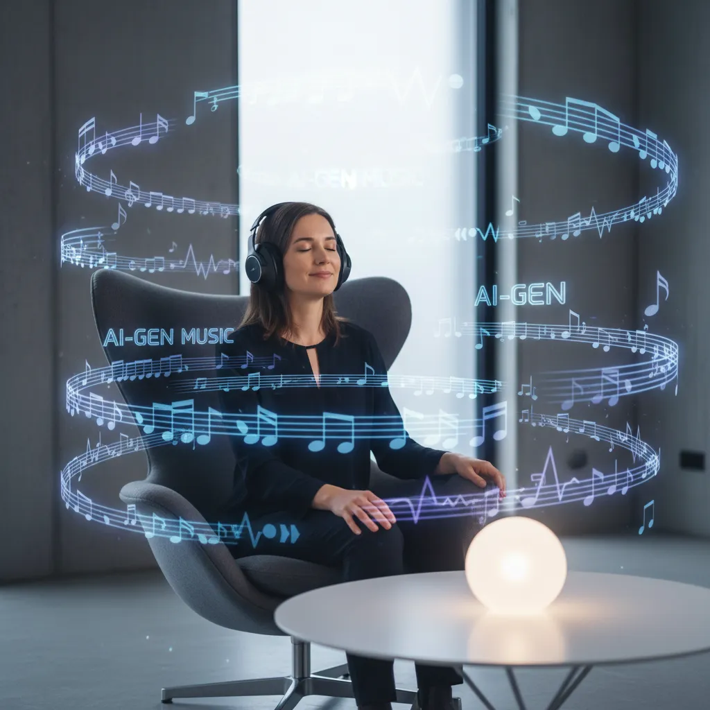 Musician listening to AI-generated music with holographic scores