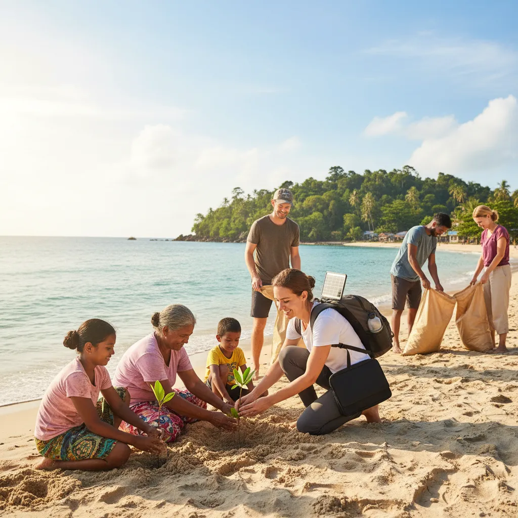Digital nomad participating in a beach cleanup and tree planting with local community