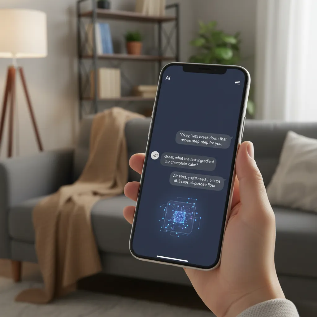 A smartphone displaying a chat interface with an AI assistant, with a glowing neural network graphic overlaid on the phone to signify on-device processing.