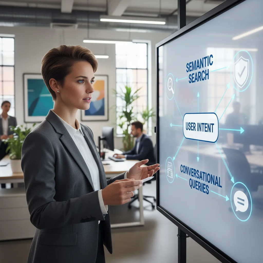 A digital marketer at a whiteboard creating a new SEO strategy that incorporates AI and semantic search concepts.