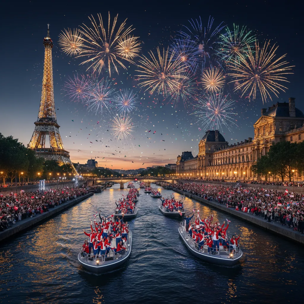 A vibrant depiction of the Paris 2024 Olympics opening ceremony on the River Seine.