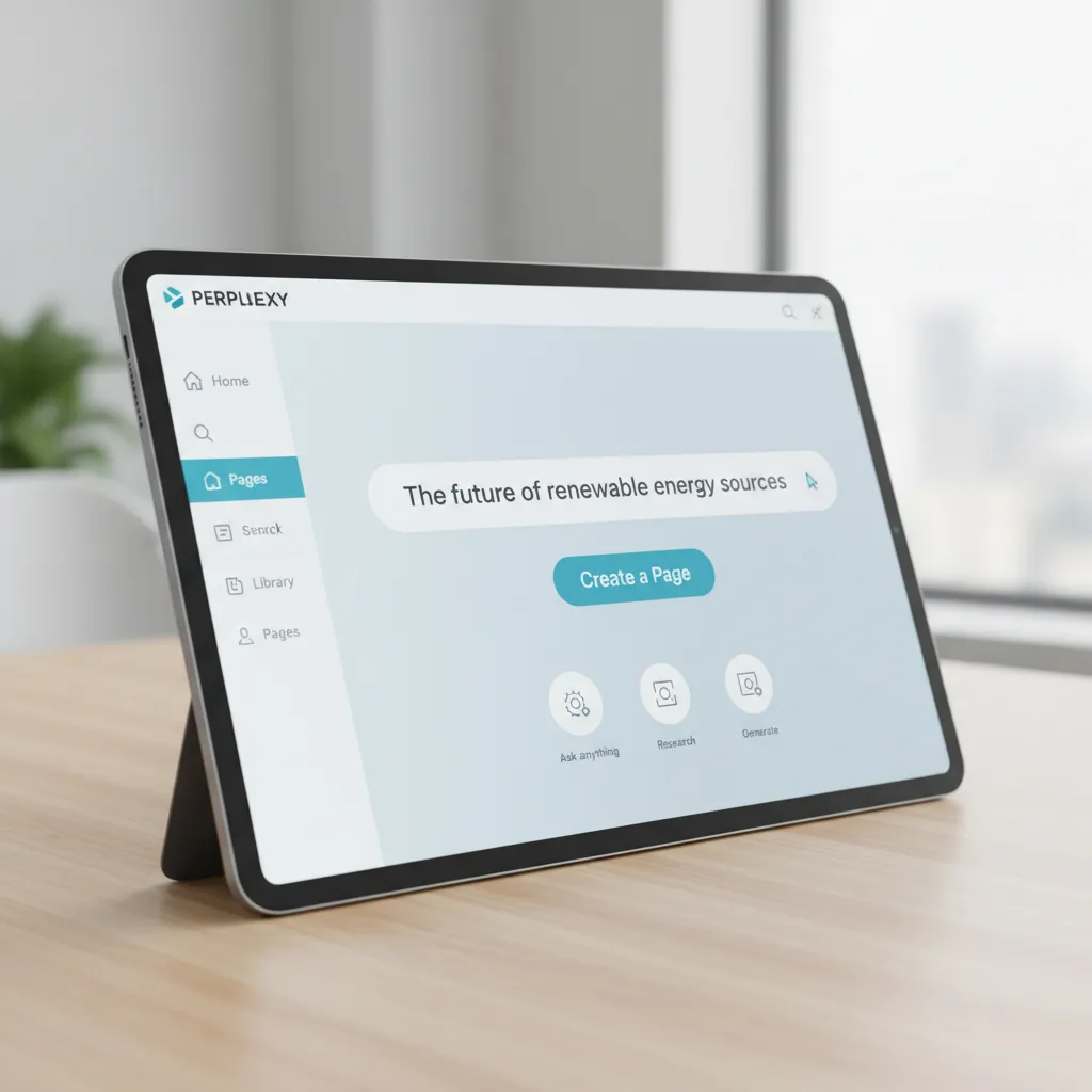 A user interface showing the 'Create a Page' feature in Perplexity AI, with a prompt being typed into a search bar.