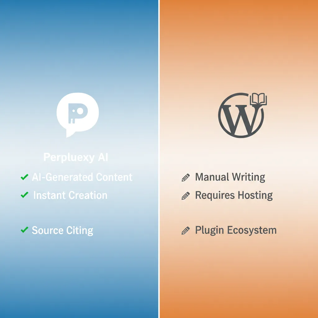 An infographic comparing the features of Perplexity Pages versus traditional blogging platforms like WordPress.
