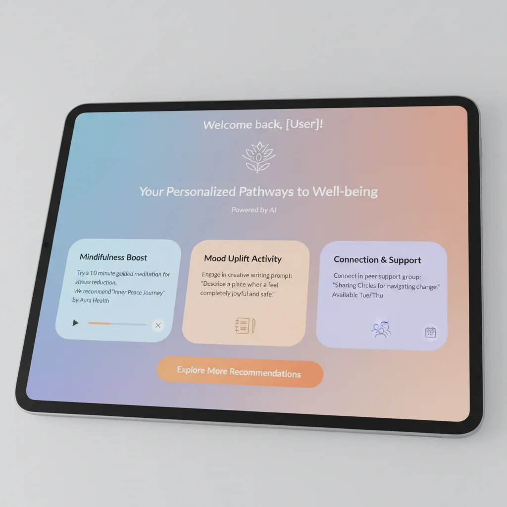 Close-up of an AI-powered therapy interface showing tailored mental health recommendations