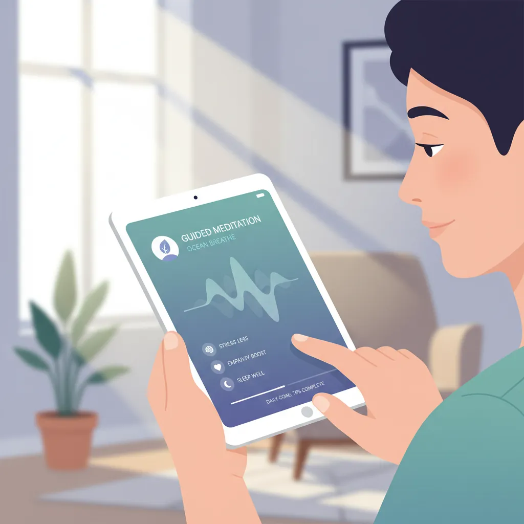 Person interacting with AI mental health app on tablet