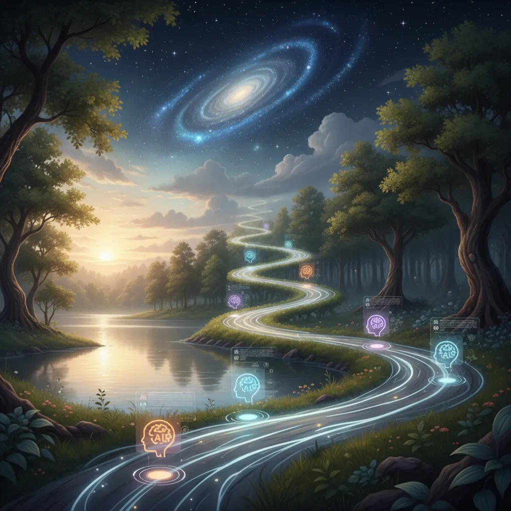 AI-guided personalized self-care journey through serene landscapes