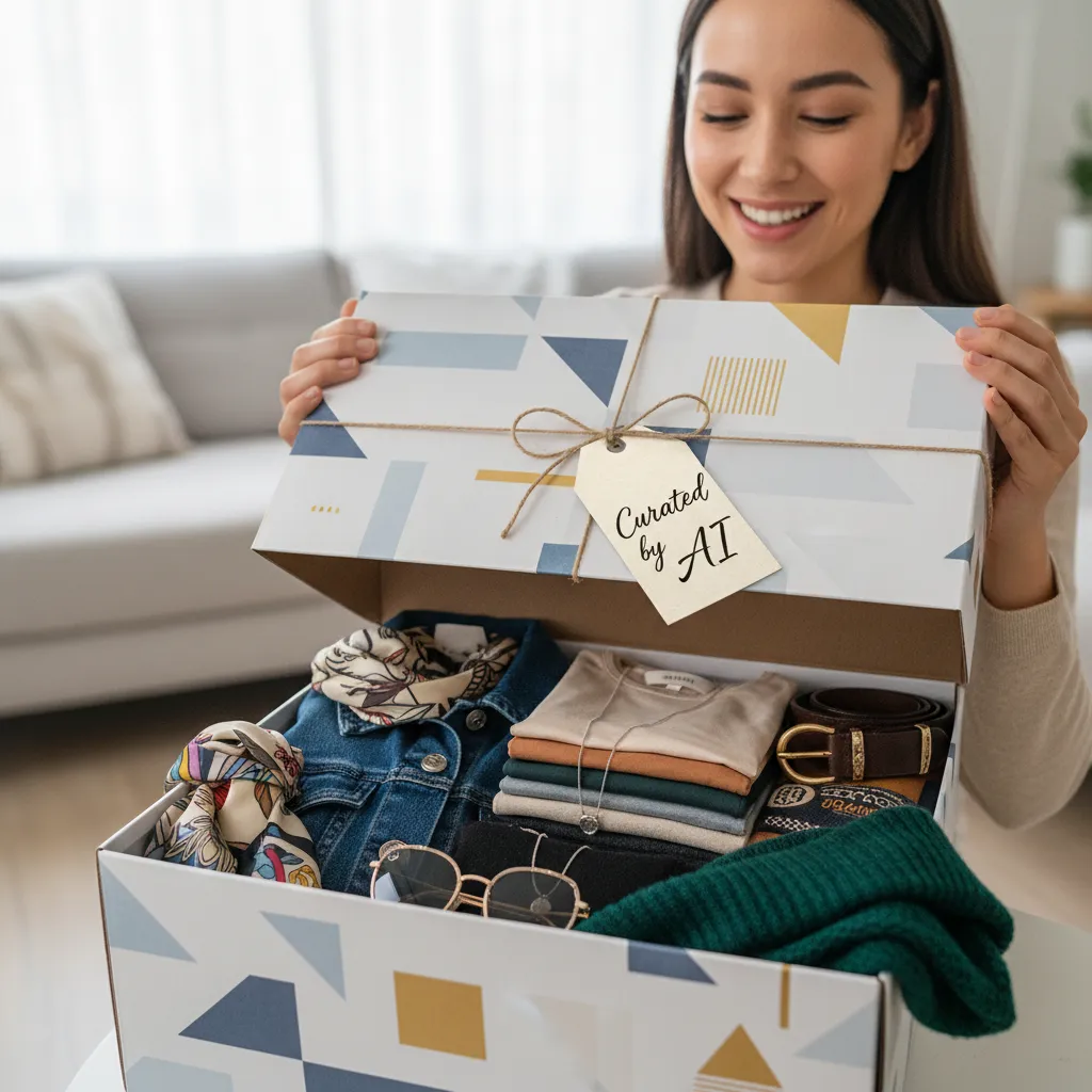 A person opening a beautifully packaged personalized fashion box curated by AI