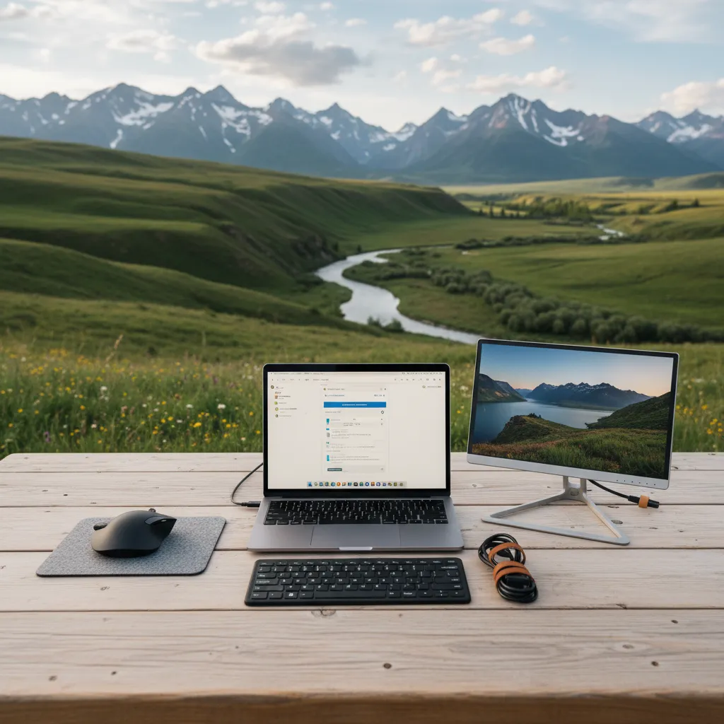 A portable workstation set up in a scenic natural landscape.