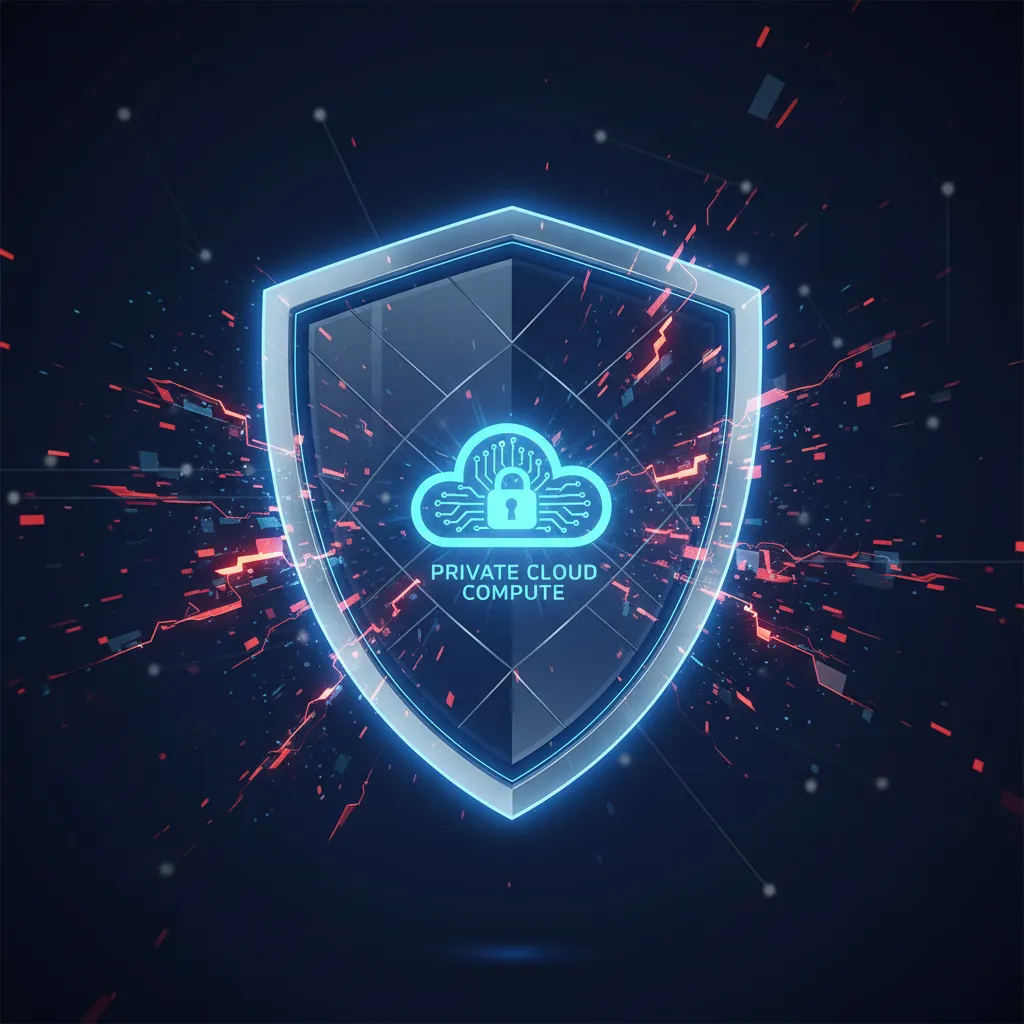 A symbolic representation of data security with a glowing shield icon labeled 'Private Cloud Compute' protecting user data.