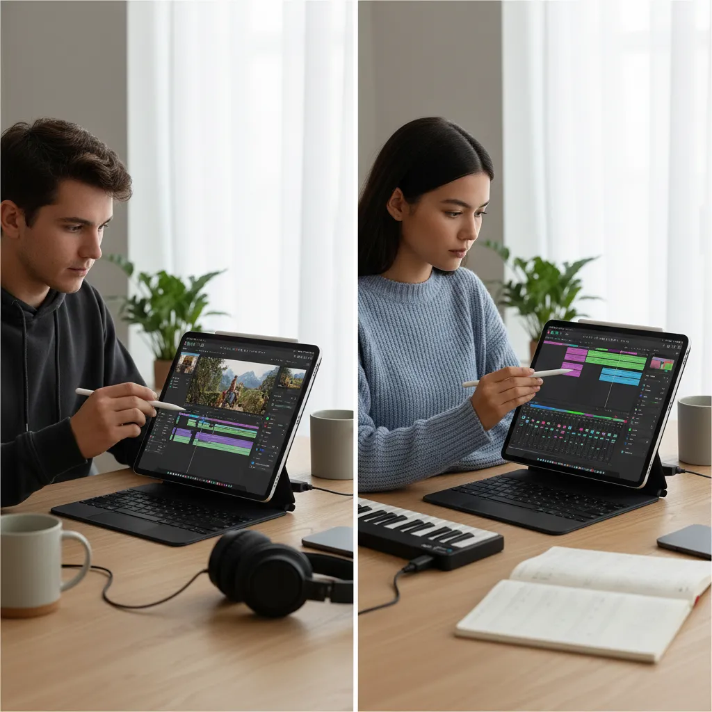 Split screen showing Final Cut Pro and Logic Pro running on the powerful iPad Pro M4.