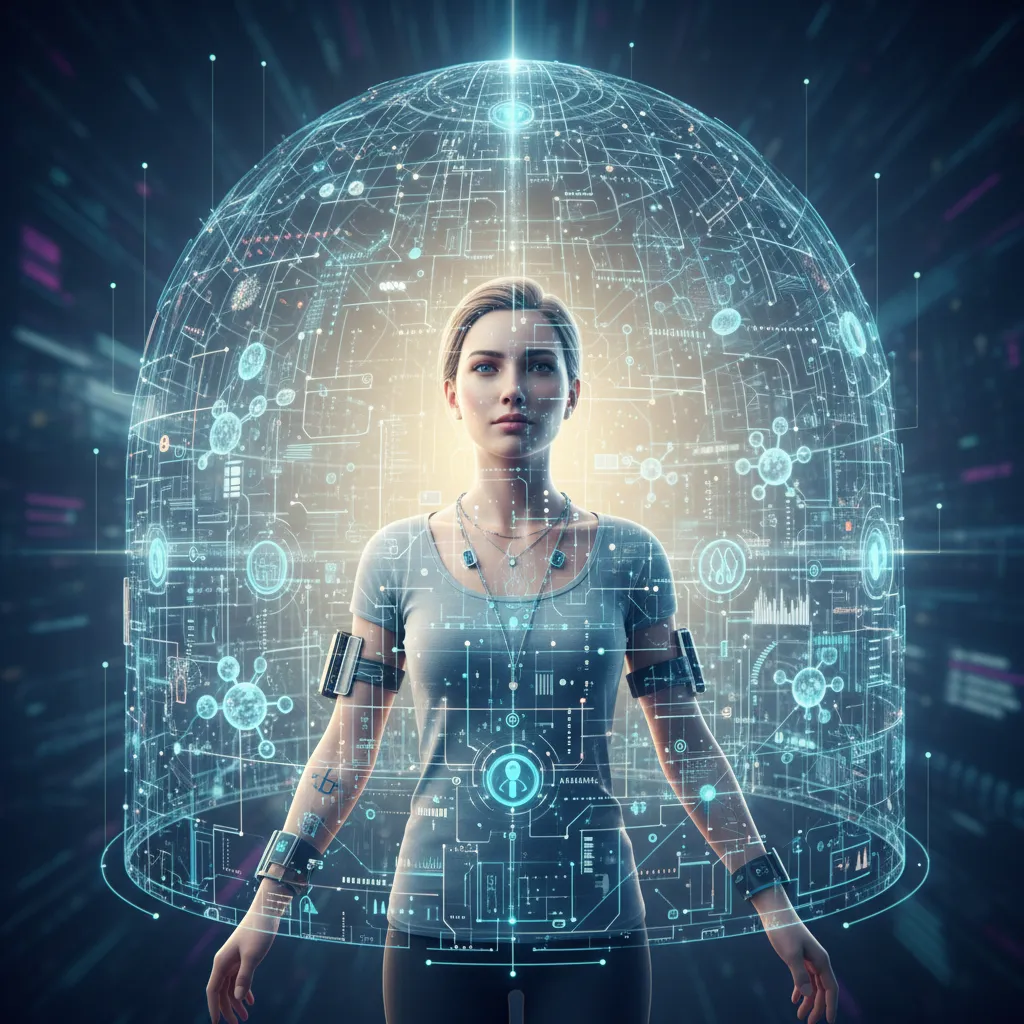 Interconnected wearable devices forming a digital shield around a healthy person.