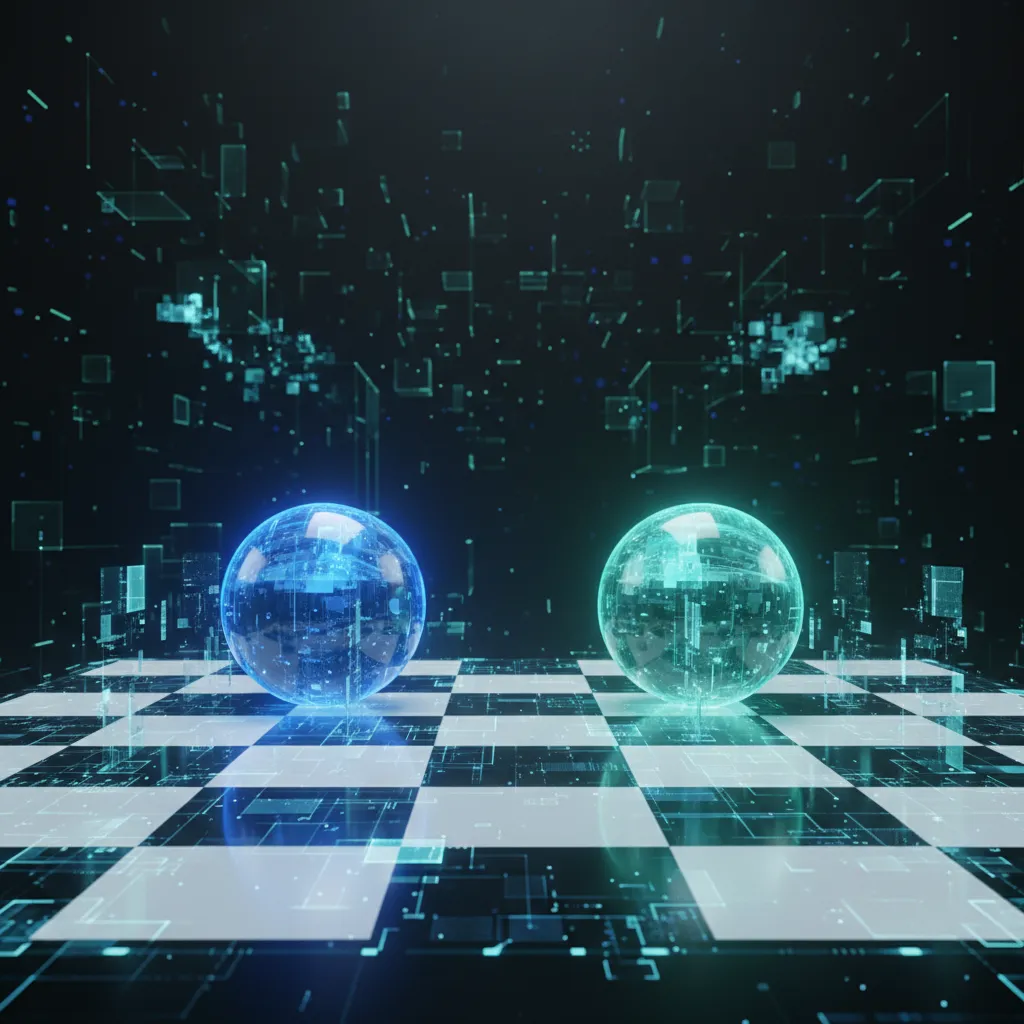 Two glowing AI orbs on a digital chessboard, symbolizing the competition between Google's Project Astra and other AI models.