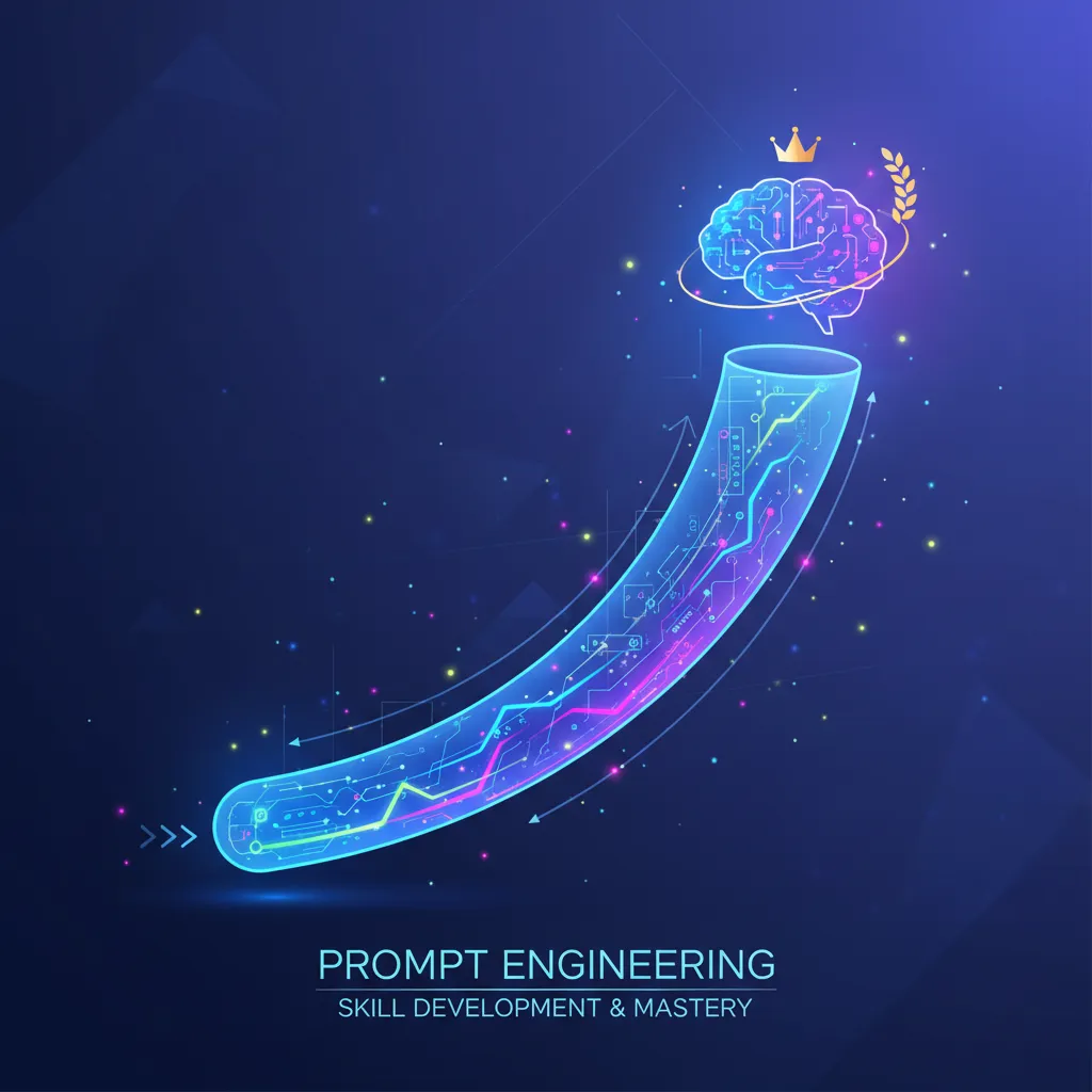 Stylized graphic depicting a learning curve for prompt engineering skill development, moving towards mastery.