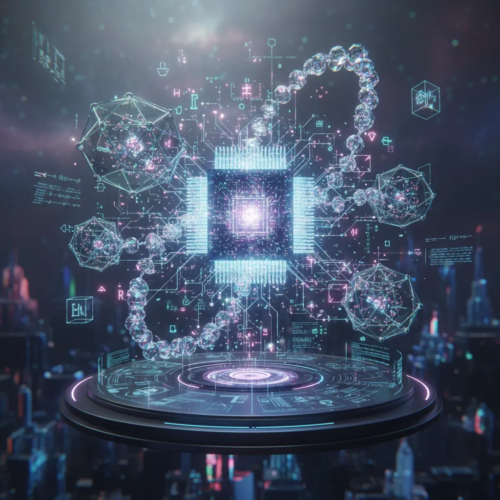 A vivid, cinematic hero image representing the synergy between quantum mechanics and artificial intelligence in molecular innovation