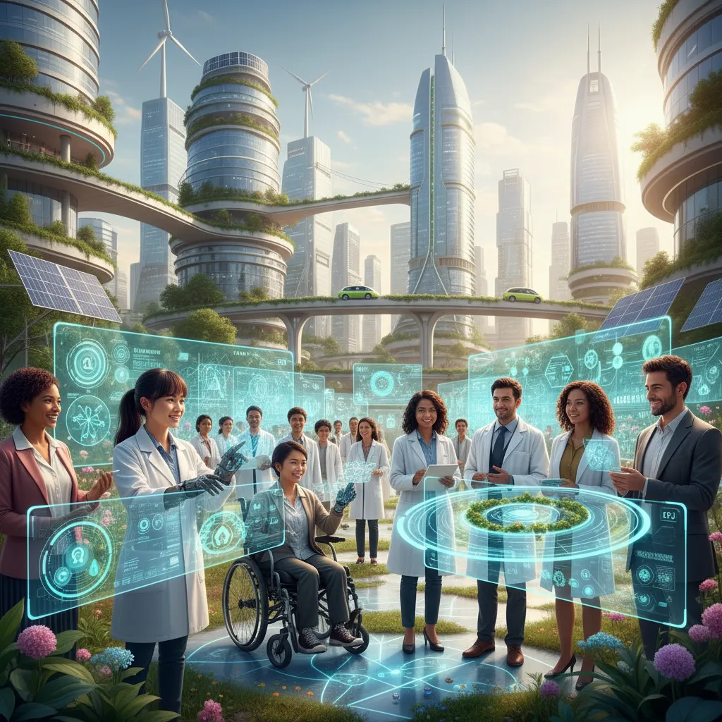 People interacting with holographic AI in a futuristic city, showing quantum AI's societal impact.