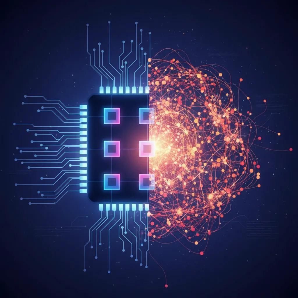 Quantum chip merging with neural network, representing quantum machine learning.