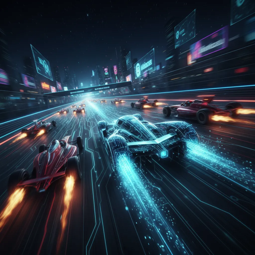 Quantum speedup represented by a quantum car outperforming classical cars.