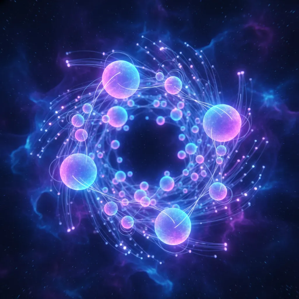 Abstract illustration of qubits, entanglement, and superposition in quantum computing.