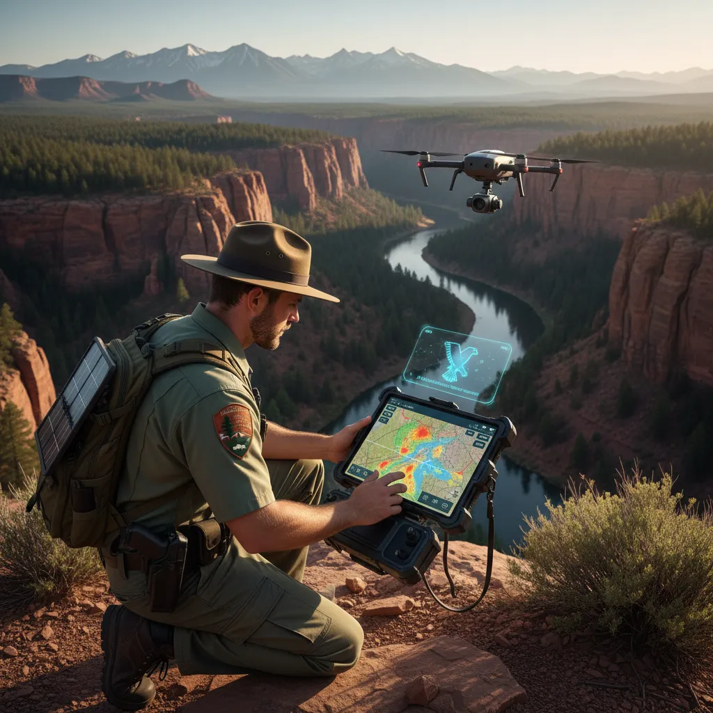 Park ranger operating drone tablet in natural landscape