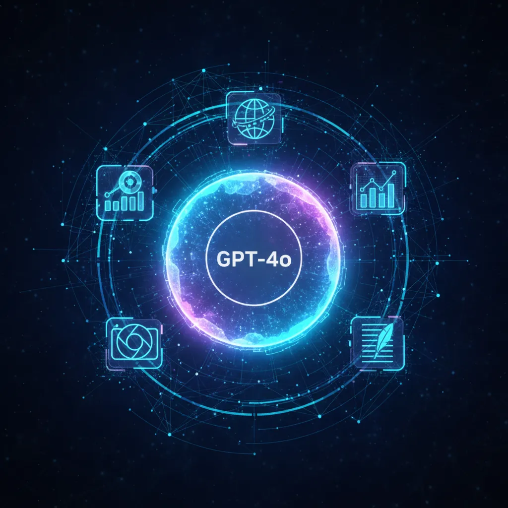 A collage of application icons, such as language translation, data analysis, and creative writing, all powered by the central GPT-4o model.