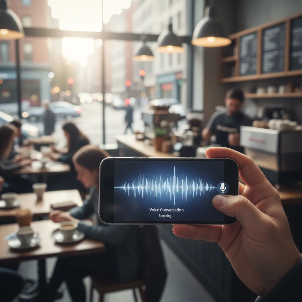 A conceptual image showing a person having a natural, seamless conversation with an AI assistant on their phone.