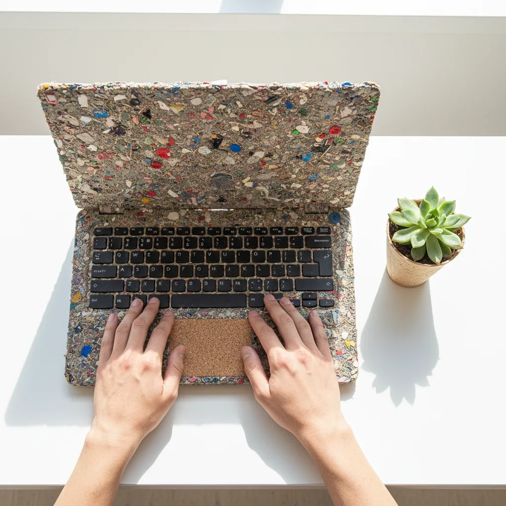 Person using laptop made from recycled materials