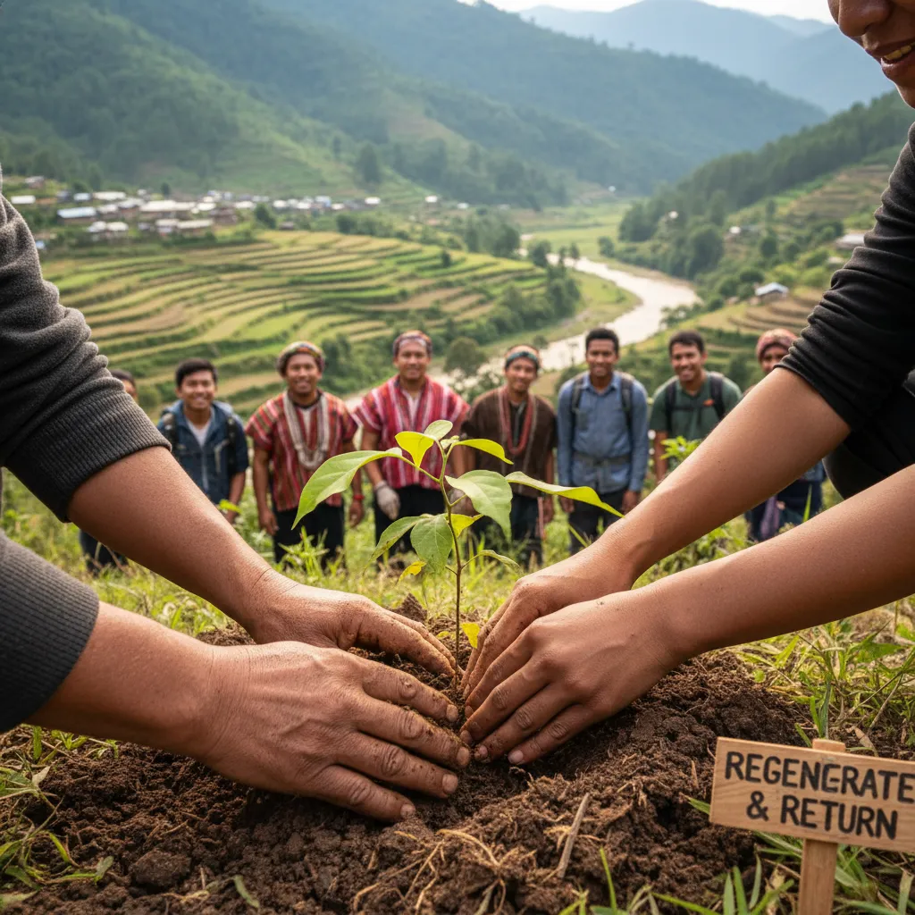 Hands planting a tree in a natural setting, symbolizing regenerative travel.