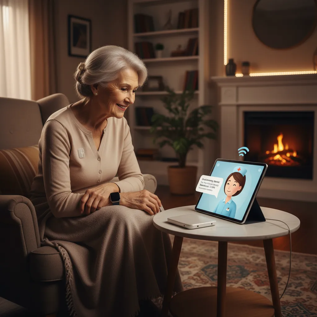 Senior person interacting with a virtual AI nurse for remote patient monitoring.
