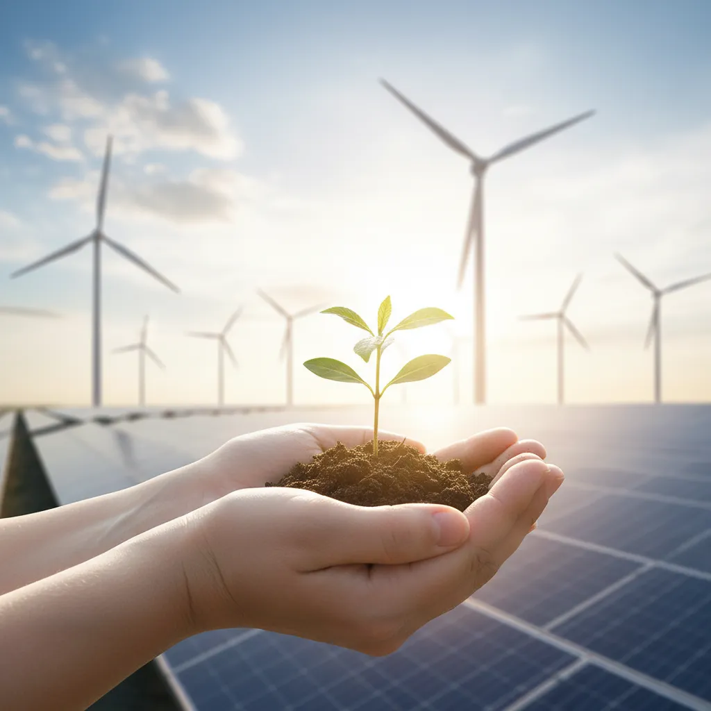 Hands holding a seedling with wind turbines and solar panels in the background