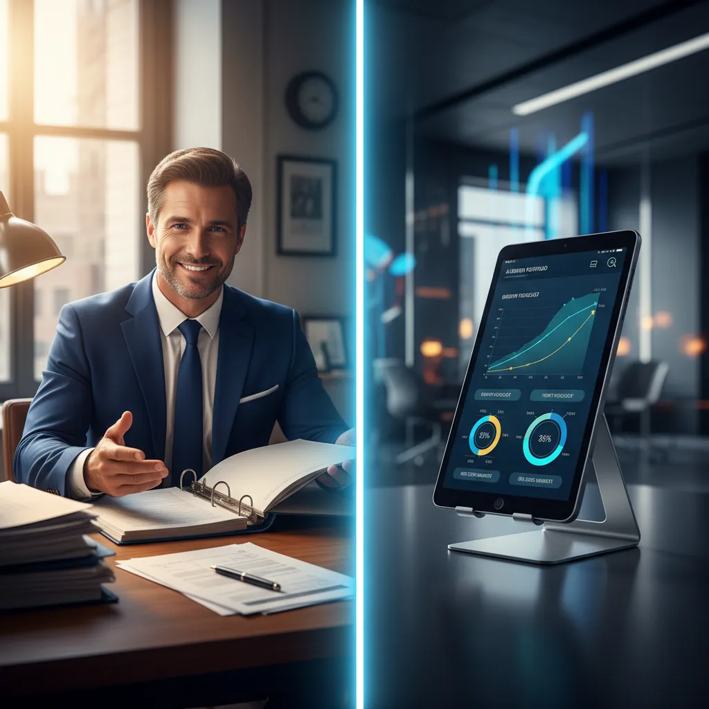 A split-screen image showing a traditional human financial advisor on one side and a sophisticated AI robo-advisor interface on the other.