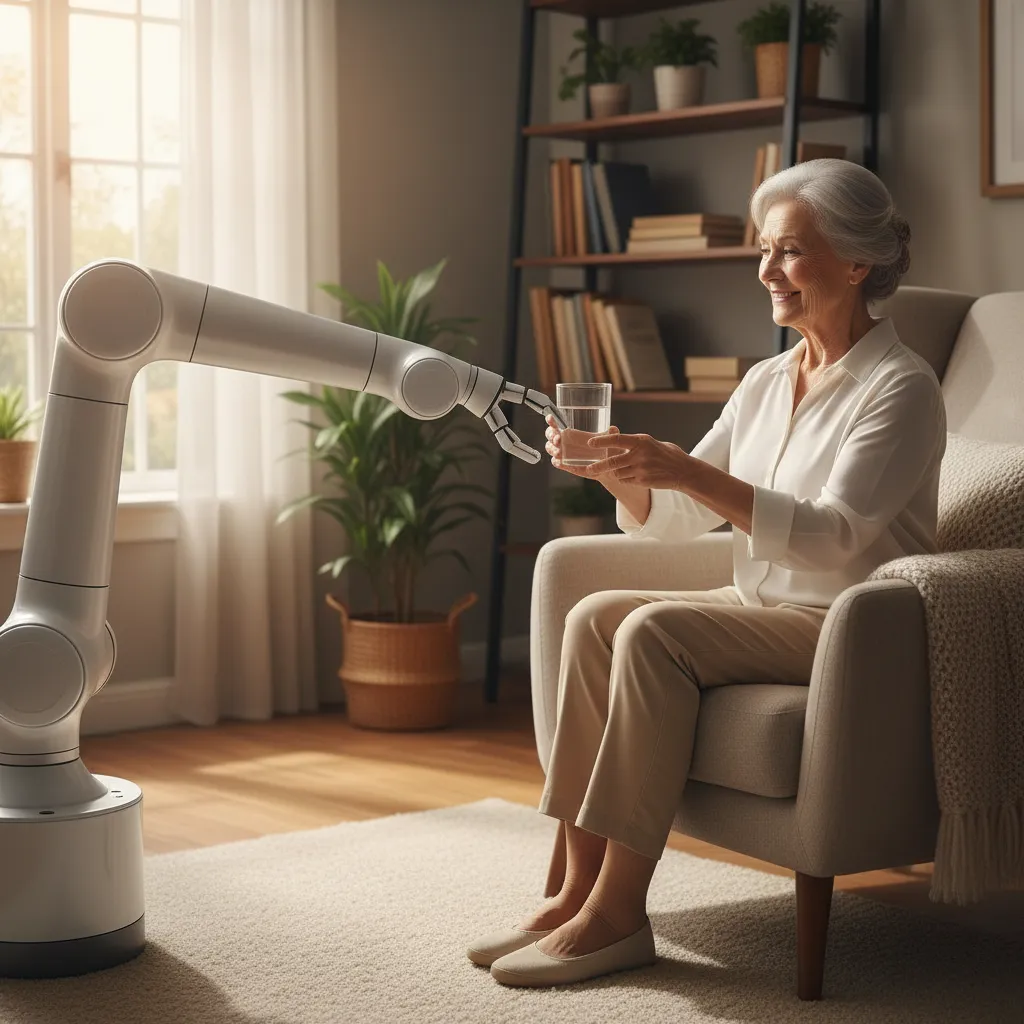 Robotic arm assisting elderly person with a task