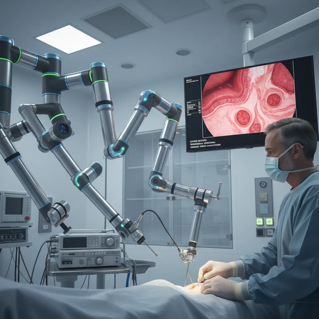 Robotic arm assisting a surgeon during a complex surgery.