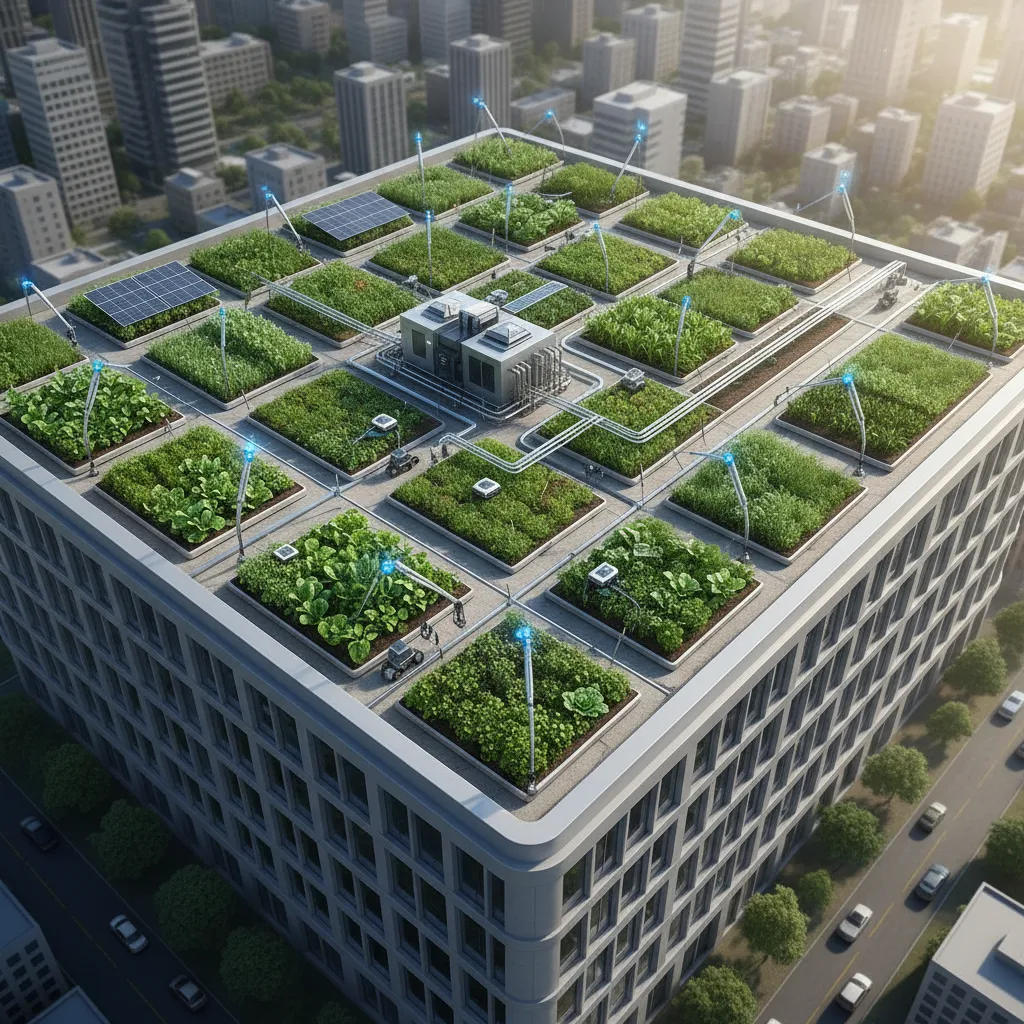Drone view of AI-managed rooftop urban garden